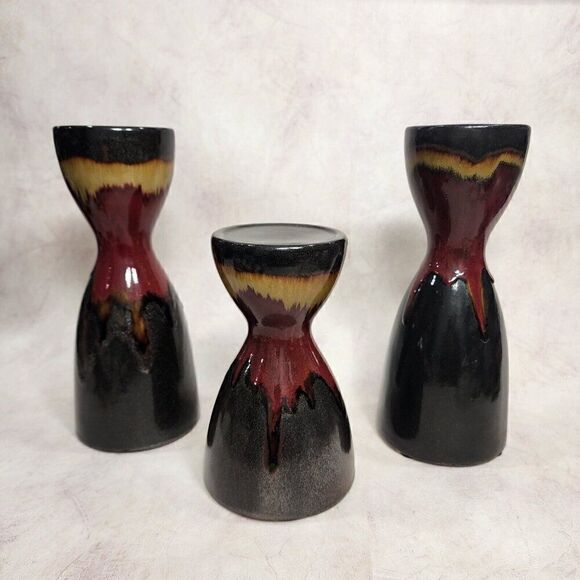3 Pier 1 Imports 8.5"/11.5" Pillar Candle Holder Glaze Ceramic Gold Brwn Red Blk - Picture 2 of 14